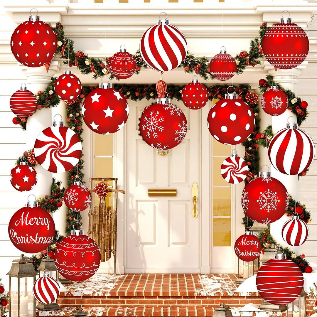 Huwena 24 Pcs Christmas Decorations Outdoor Christmas Hanging Ornaments Peppermint Candy Yard Signs Double Sided Lawn Decorations Peppermint Ornaments for Xmas(Red)