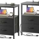 Huuger Nightstands Set of 2, End Tables with Charging Station, Side Tables with Fabric Drawers, Bedside Tables with USB Ports and Outlets, Night Stands for Bedroom, Charcoal Gray