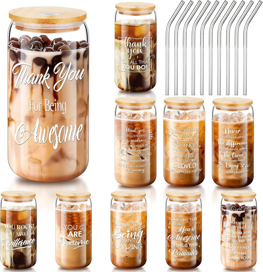 Inbagi 12 Sets Employee Appreciation Gifts 16 oz Inspirational Glass Drinking Cups Thank You Gifts for Team Coworker Housekeeping Staff Teacher(Assorted)