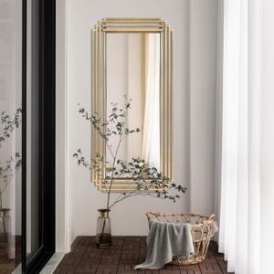 Gold Rectangle Mirror, 47"x22" Geometric Art Deco Mirror with Metal Frame, Modern Elegant Wall Mirrors for Living Room Bathroom Bedroom Entryway Hallway, Hangs Vertically or Horizontally