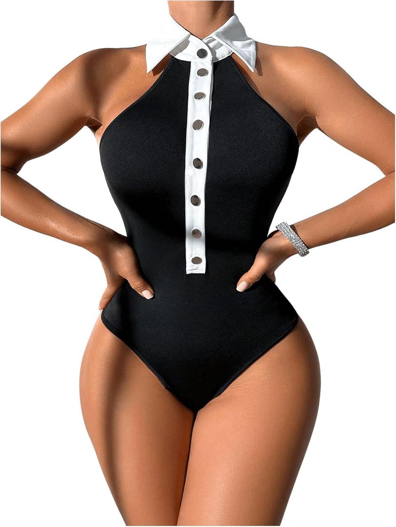 SweatyRocks Women's Lapel Button Down Shirt Sleeveless Body Suits Halter Backless Tank Bodysuit (Black) S