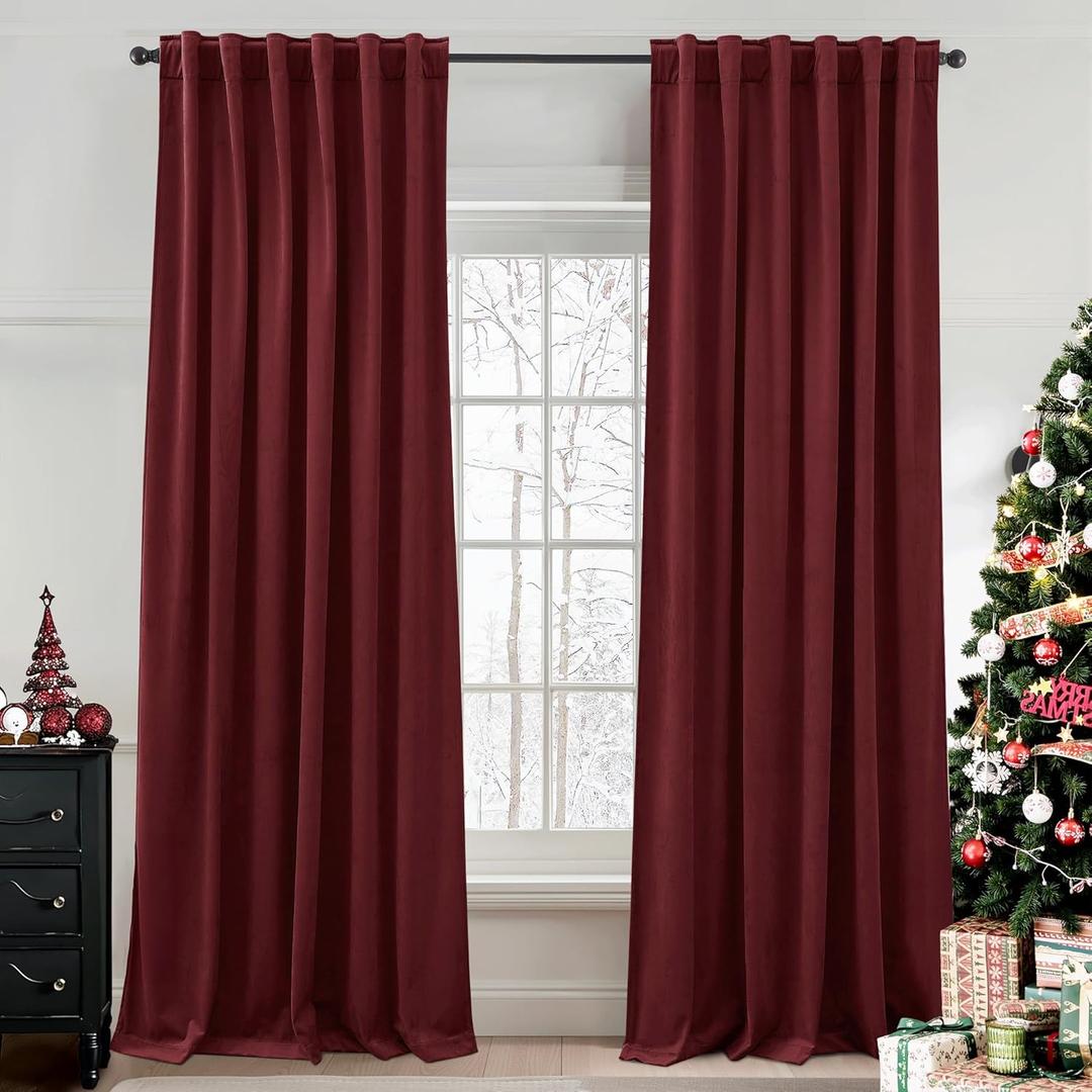 StangH Burgundy Velvet Curtains 2 Panels, Christmas Holiday Decorative Window Drapes, Privacy Protect Thermal Insulated Mid Century Curtains for Party Backdrops/Hotel, W52 x L108 inches, 2 Panels