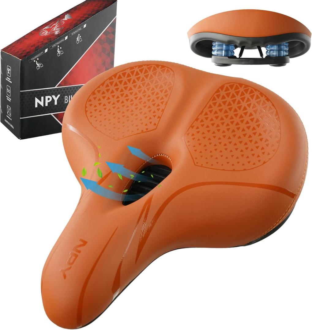 Bike Seat for Men & Women - Wide Gel Padded Bicycle Seat, Comfortable & Breathable, Waterproof Saddle for Cruiser, Mountain, Fat Bikes, Exercise & Ebikes Universal Fit Replacement (Brown)