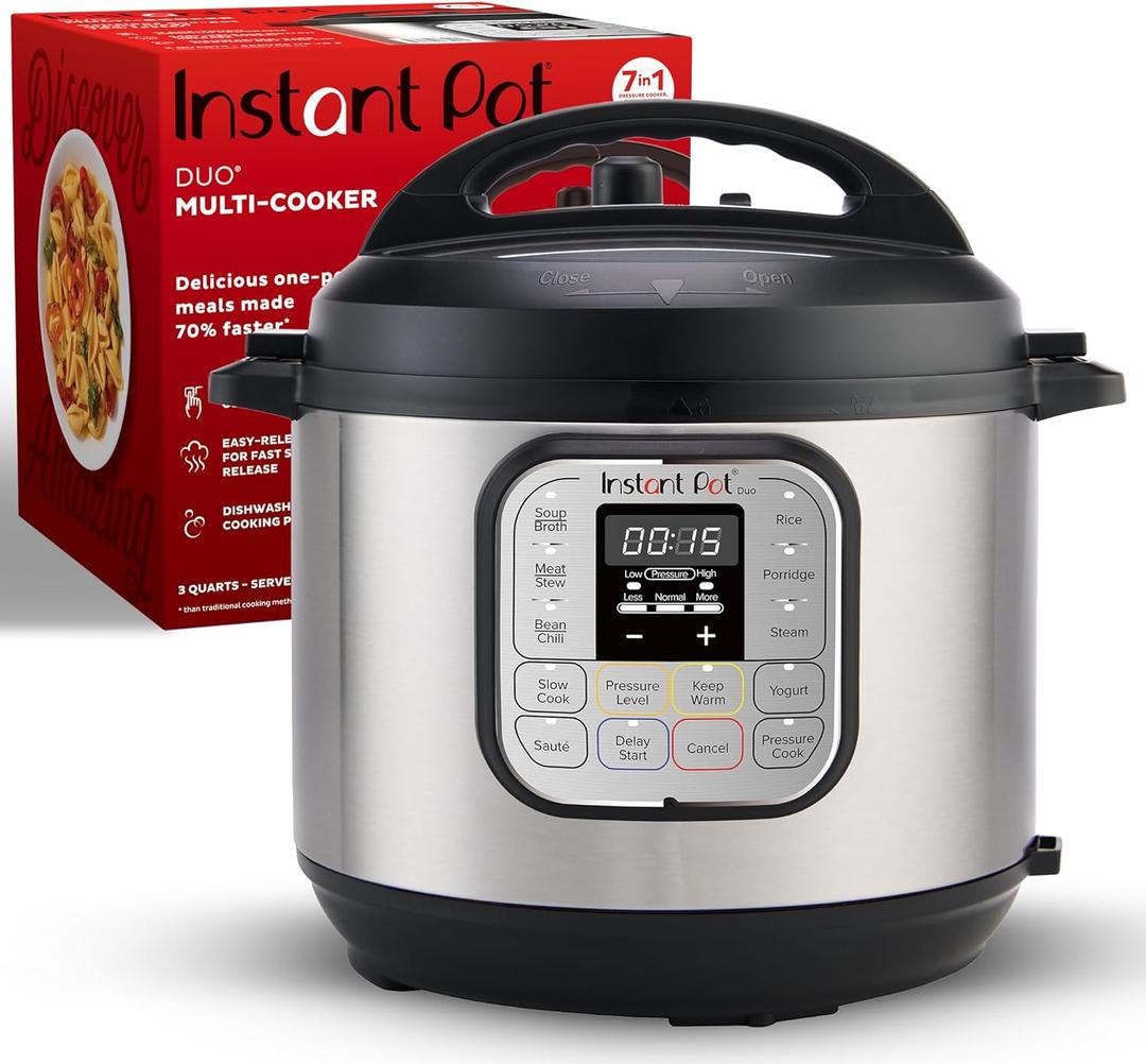 Instant Pot Duo 7-in-1 Mini Electric Pressure Cooker, Slow Rice Cooker, Steamer, Saut, Yogurt Maker, Warmer & Sterilizer, Includes Free App with over 1900 Recipes, Stainless Steel, 3 Quart (3 Quarts)