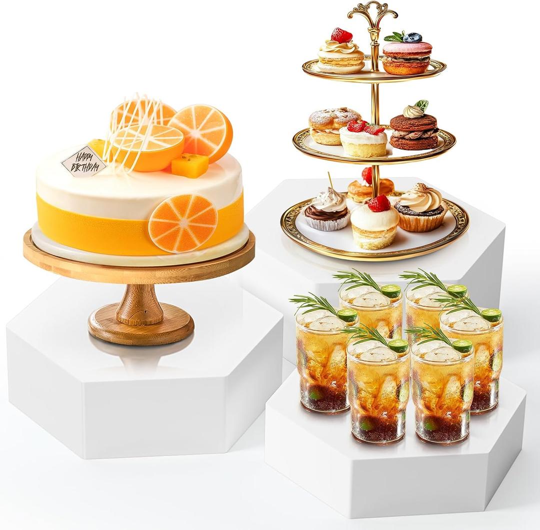 3 Pack Extra Large Acrylic Buffet Risers - 14 13 12 White Hexagonal Display Stands with Hollow Bottoms, Table Display Boxes Set for Food Dessert Cake Drink Catering Party Supplies