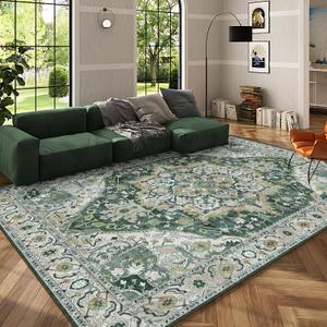Deerly Green Large Washable Living Room Rugs 9x12 Boho Vintage Area Rug Indoor Bedroom Carpet with Non Slip Rubber Backing for Under Dining Table Office Farmhouse, Green/Multi