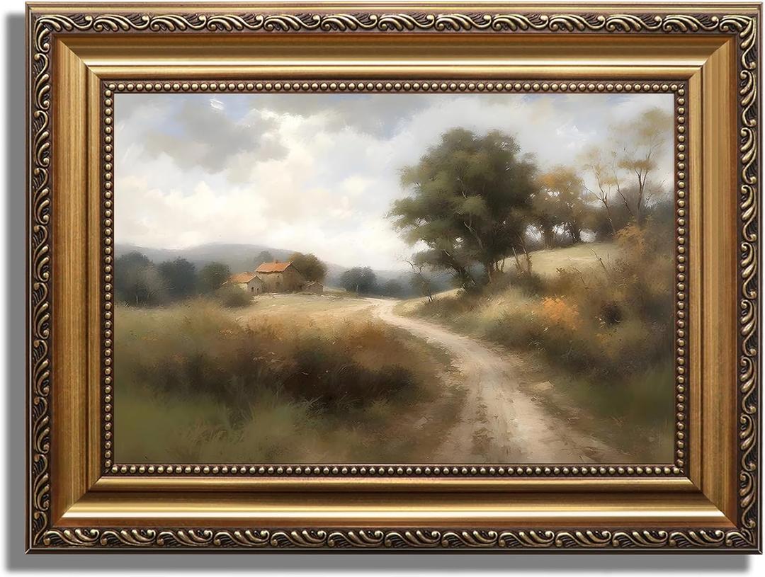 ASTRDECOR Vintage Gold Framed Wall Art Prints, Landscape Paintings Canvas Wall Art for Bedroom, Vintage Field Country Nature Wall Art, Hills Path Green Pictures Farmhouse Wall Decor Living Room -12''x16''