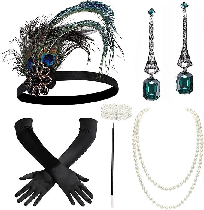 BABEYOND 1920s Flapper Accessories Gatsby Costume Accessories Set 20s Flapper Headband Pearl Necklace Gloves Plastic Holder
