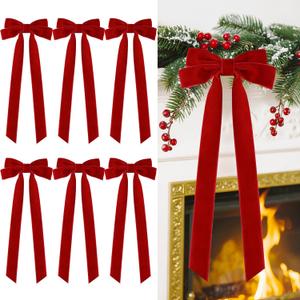 Velvet Large Christmas Bows for Staircase Garland Wreath, 20in x 8in Vintage Ribbon Bows with Twist Tie for Xmas Tree Holiday Indoor Outdoor Decorations (6Pcs, Red) (20 x 8 Inch, Width of 1.5")