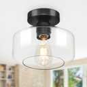 Industrial Semi Flush Mount Ceiling Light: Black Kitchen Lighting Fixtures Ceiling with Clear Glass - Vintage Hallway Light Fixtures E26 Bulb Included - 8.46 Light Fixtures Mount for Foyer