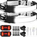 Adelante LED Headlamp Flashlight, 1000LM 230Wide-Beam USB Rechargeable Head Light with Taillight(Individual Control) & 8 Clips Waterproof Headlight Headlamps for Running and Camping (2 Pack, Black)