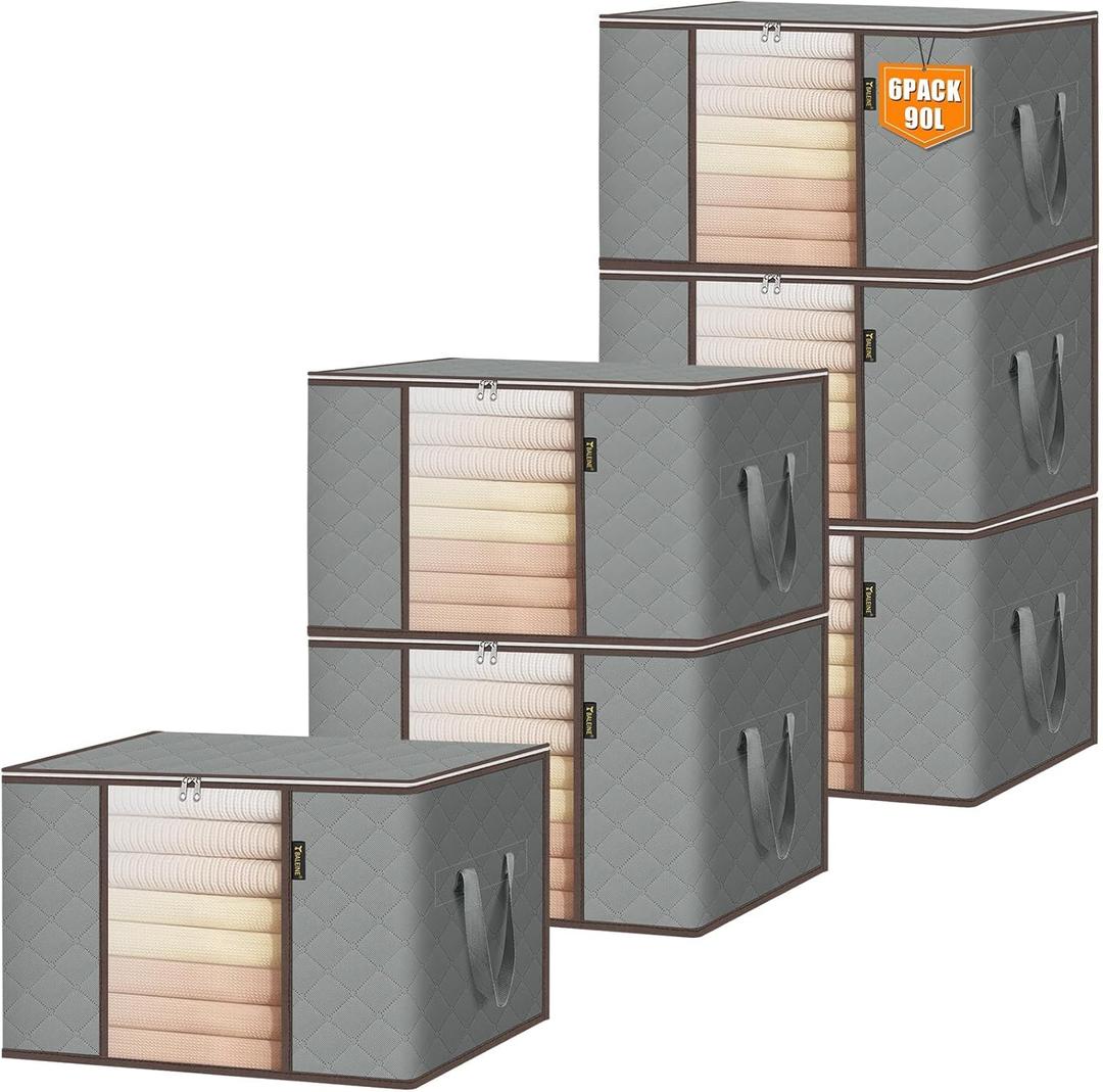 BALEINE 6 Pack Clothes Storage Bags, 24 Gallon Storage Containers with Reinforced Handle, Sturdy Zipper, Closet Organizer for Blanket, Comforter, Pillow, Bedding (Grey, 6 Pack)