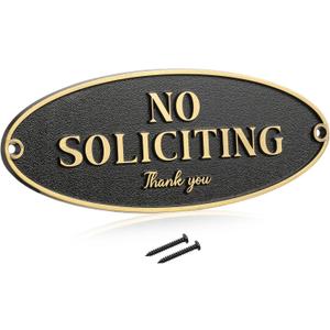 Brass No Soliciting Thank You Sign 2" x 5" Door Sign, No Soliciting Brass Plaque Metal Home Decor Accessories Door or Wall Pre Drilled Hole(Black Gold)