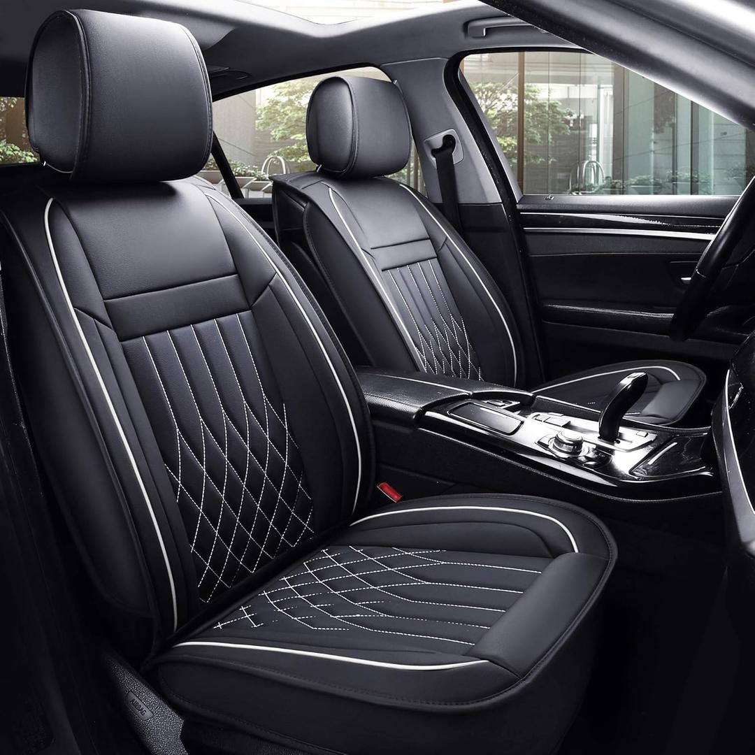 Aierxuan 5pcs Car Seat Covers Full Set with Waterproof Leather,Airbag Compatible Automotive Vehicle Cushion Cover Universal fit for Most Cars (Black and White) (5 pcs Full seat, 5 PCS Full Set/Black-White)
