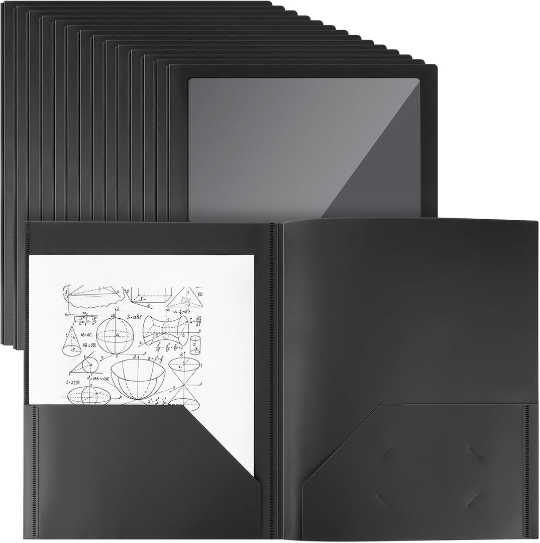 Teling 24 Pcs Plastic Folders with Front Clear Pockets and Business Card Holder 2 Pockets Folders for Letter Size Paper, School Office Financial Statements Supplies Nice Gift for School (Black)