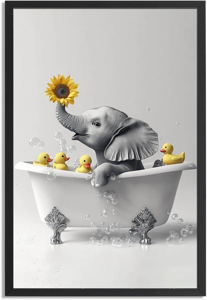 Framed Funny Black And White Bathroom Wall Art Baby Elephant And Toy Duck In The Bathtub Bathroom Signs Picture-Cute Animal Art Bathroom Wall Decor Canvas Prints Ready To Hang (24L" x 16W")