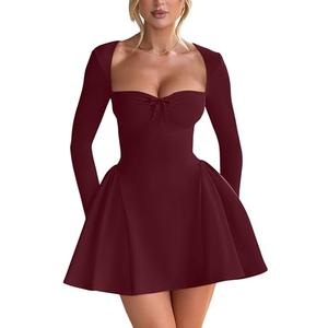 YMDUCH Women's Sexy Long Sleeve Sweetheart Neck A-line Ruffle Hem Party Club Mini Dress WineRed, Size Large