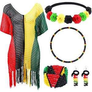 5 Pcs Jamaican Cover Ups Women African Beach Accessories Set Rainbow Crochet Dress Jamaican Outfits for Summer Boho Jewelry