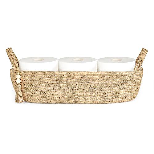 Mkono Small Storage Basket for Toilet Tank Top Boho Bathroom Decor Woven Rope Toilet Paper Tray Organizer for Shelf Bedroom Living Room, Jute, 1 Pack, 15.7" L x 6" W