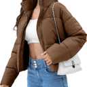 WHN Women’s Cropped Puffer Jacket Coat Warm Winter 2026 (Brown, L)