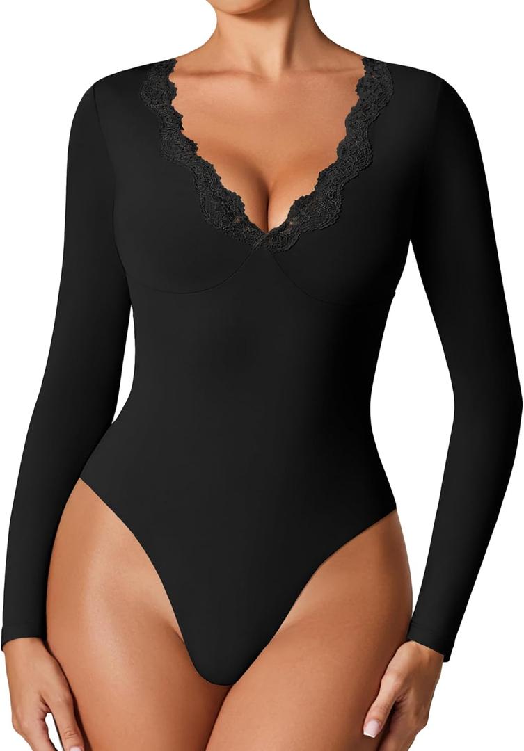 Avidlove Bodysuits for Women Long Sleeve Lace V Neck Body Suits Double Lined One Piece Leotard Shirt Going Out Tops (Large, Black)