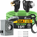15FT 50 Amp Generator Cord Kit with Inlet Box
NEMA 14-50P to SS2-50R 50 Amp Extension Cord, Pre-Drilled Inlet Box, 6/3+8/1 AWG STW Wire, 125/250V 12500W, ETL Listed