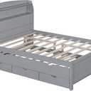 Merax Full Size LED Platform Bed with USB Outlets, Modern Wooden Bed Frame with Trundle, Storage Headboard and Drawers, No Box Spring Needed, Gray