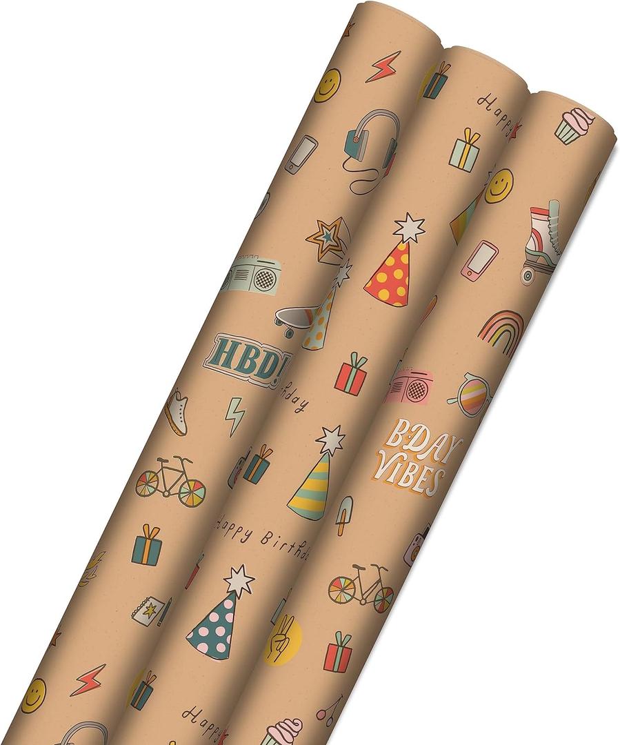 Hallmark Birthday Wrapping Paper, Recyclable Brown Kraft Gift Wrap (3 Rolls: 60 sq. ft. ttl) Kids Birthday, Retro Icons, Roller Skates, Skateboard