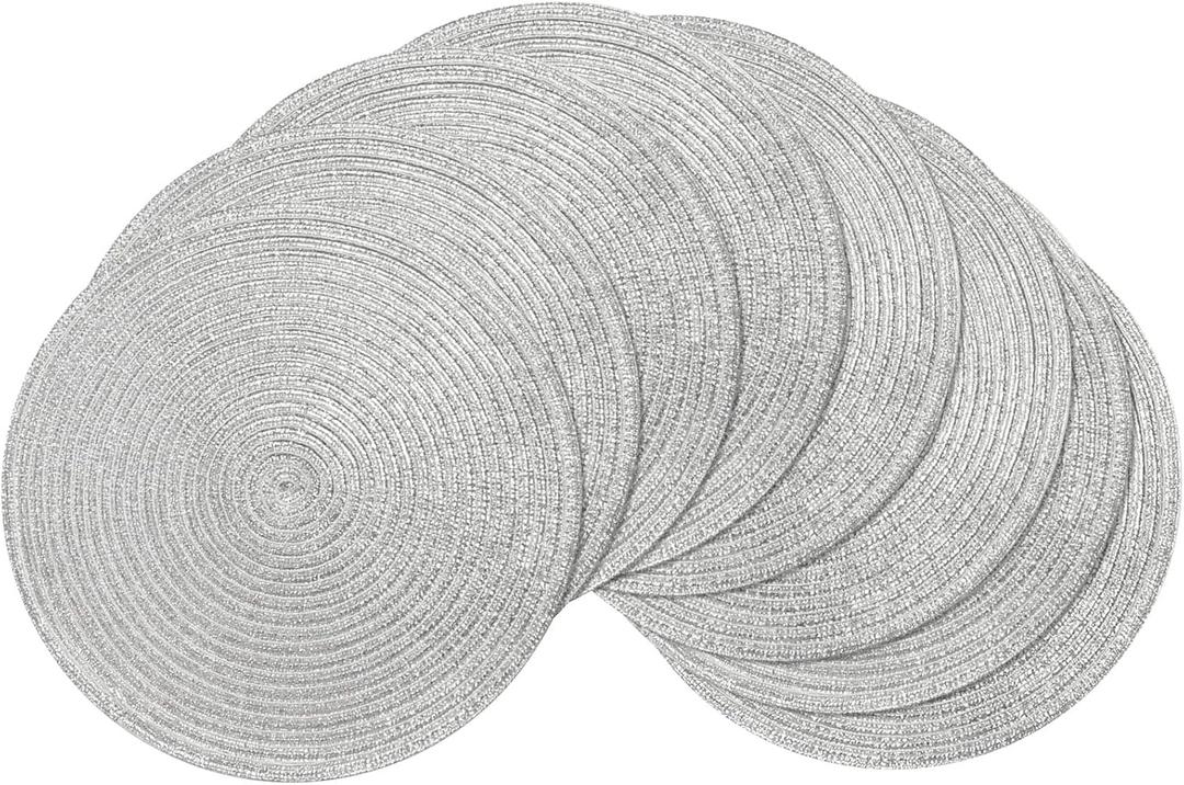 SHACOS Silver Glitter Round Braided Placemats Set of 8 Sparkle Bling Washable 15 inch Round Table Mats Woven Place Mats for Dining Table Christmas Home Table Decor (Silver, 8)