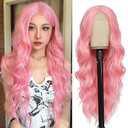 2 Pack NAYOO Long Pink Wavy Wig Middle Part for Women 26 Inch Light Pink Curly Wavy Wigs Natural Looking Synthetic Heat Resistant Fiber Wig for Daily Party Use 