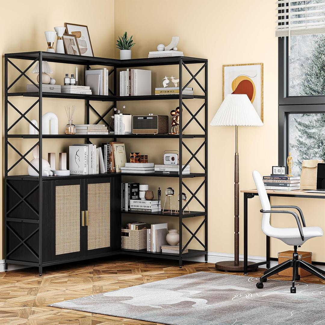 6 Tier Corner Bookshelf, Large Farmhouse Bookcase for Corner, Vintage Etagere L Shaped Book Shelf with Sturdy Metal Frame and 2 Rattan Doors Cabinet for Home Office, Black