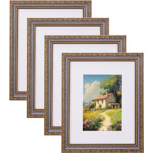 eletecpro 8x10 Picture Frames Set of 4, Vintage Frame with Glass Cover, Rustic 8 x 10 Photo Frames Display 5x7 Photo with Mat or 8x10 without Mat for Tabletop or Wall Decor, Blue Gold