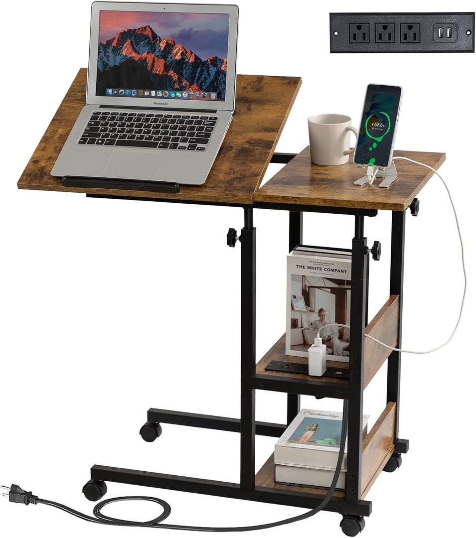 Hadulcet Adjustable C Table with Charging Station, Tiltable Desk C Shaped End Table for Couch, Over Bed Table with Wheels Adjustable Height, Hospital Table Laptop Stand Drawing Desk, Rustic Brown