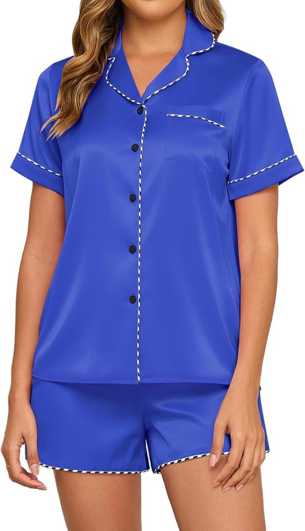 HALCYEEN Womens Silk Satin Pajama Set Soft Short Sleeve Sleepwear Button Down Lounge 2 Piece Nightwear Pjs S-XXL (Blue, XXL)