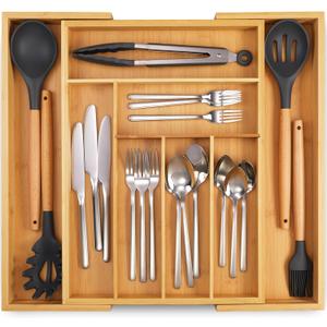 Masirs Expandable Bamboo Kitchen Drawer Organizer - Adjusts to Fit Drawer Size, Ideal for Silverware, Utensils, and Office Supplies, Durable Bamboo Construction (Brown)