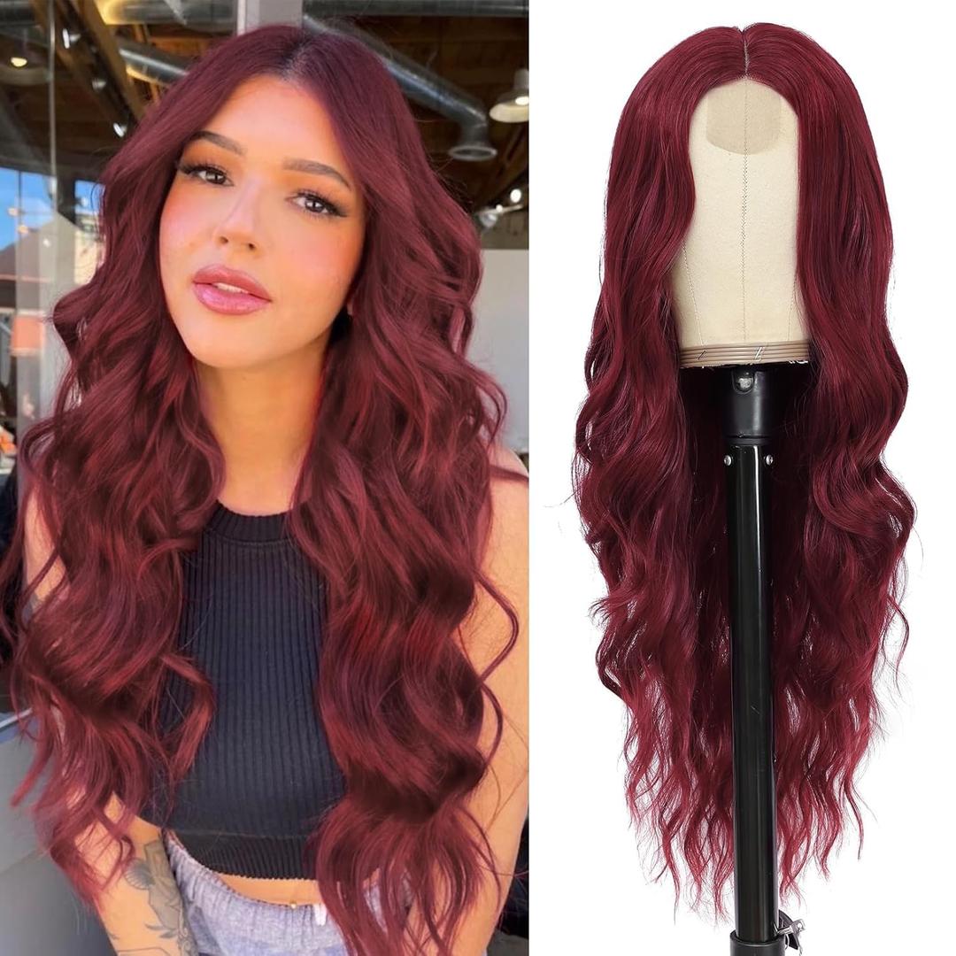 NAYOO Long Red Wavy Wig for Women 26 Inch Middle Part Curly Wavy Wig Natural Looking Synthetic Heat Resistant Fiber for Use (Red)