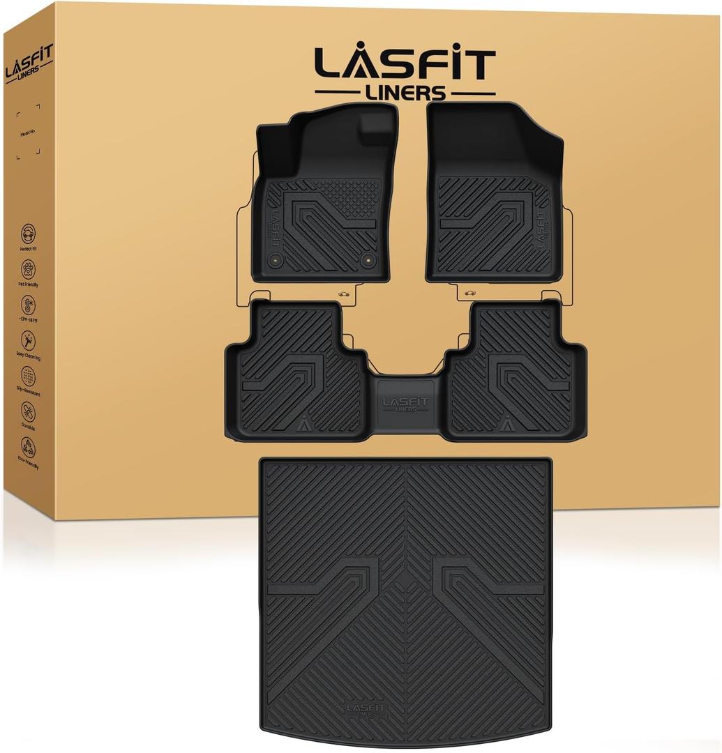 LASFIT Floor Mats & Cargo Liner for VW Atlas Cross Sport 2020-2026, All Weather TPE Custom Fit Floor Liners 1st and 2nd Rows Car Mats & Cargo Mat for Volkswagen Atlas Cross Sport Accessories, Black