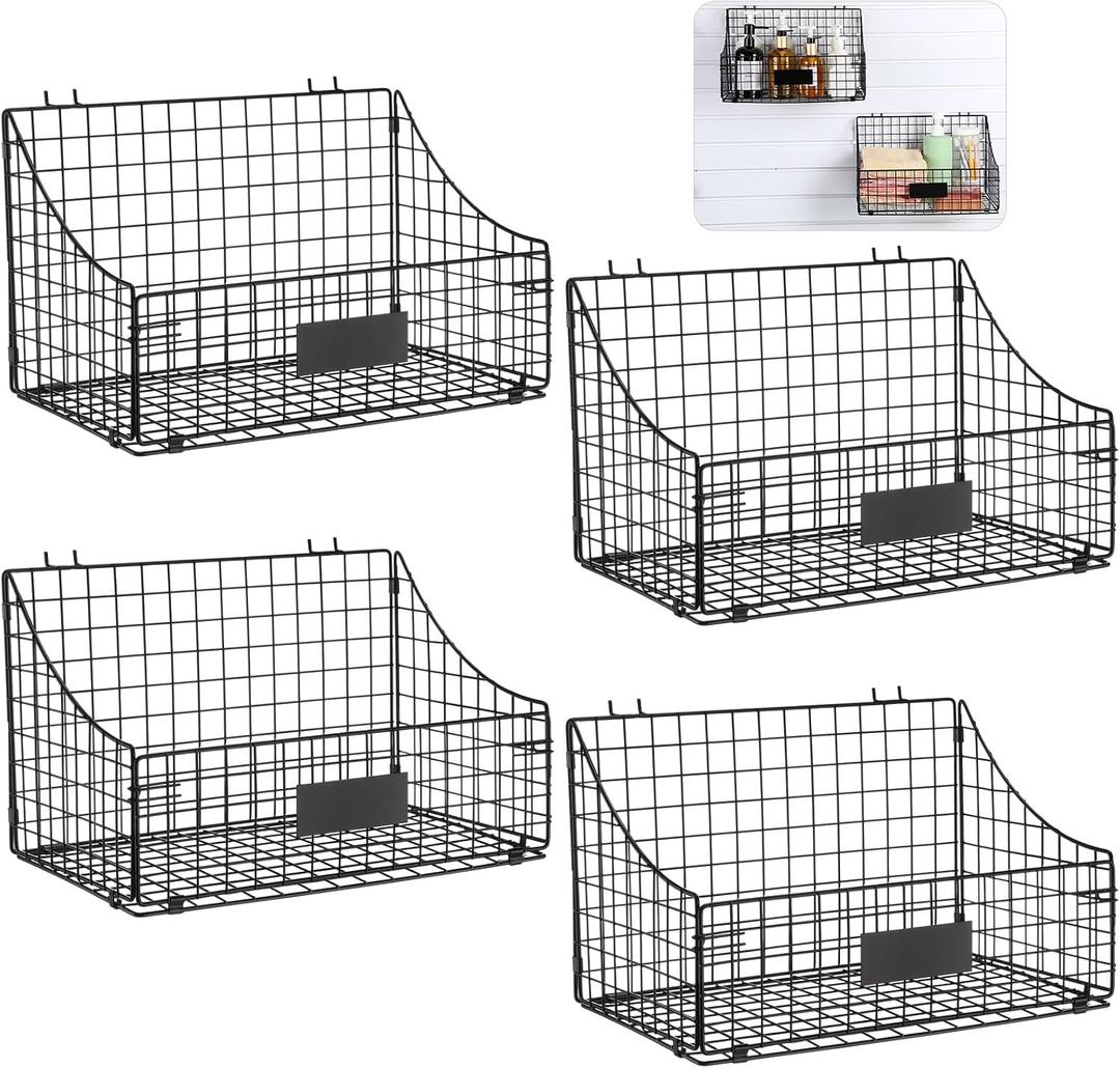4 Pcs Slatwall Baskets with Hooks Wire Hanging Basket Black Wall Basket Storage Shelf Slatwall Organizer Accessories Tools for Pantry Kitchen Garage Workbench(14.6in)