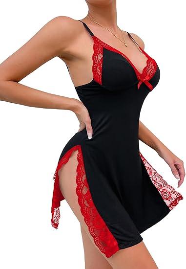 Sexy Split Side Floral Lace Trim Full Slip Night Gown Babydoll Lingerie Dress with Thong 2 piece L