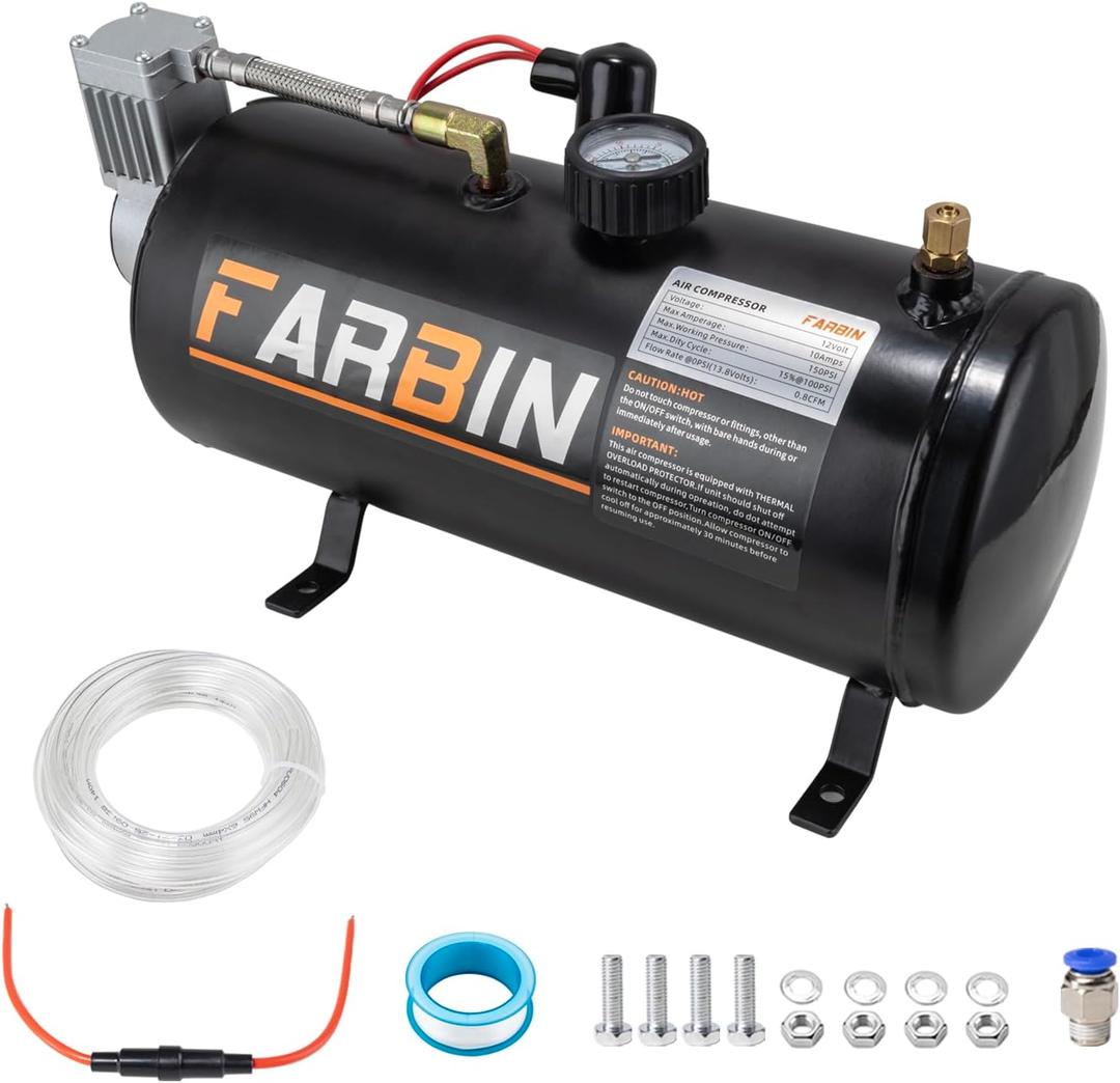 FARBIN 150 PSI 0.8gal Air Compressor 12V Air Tank Can for Train Horn, Air Horn, Inflating Tires, Air Mattresses (0.8 gal Black Air Compressor)