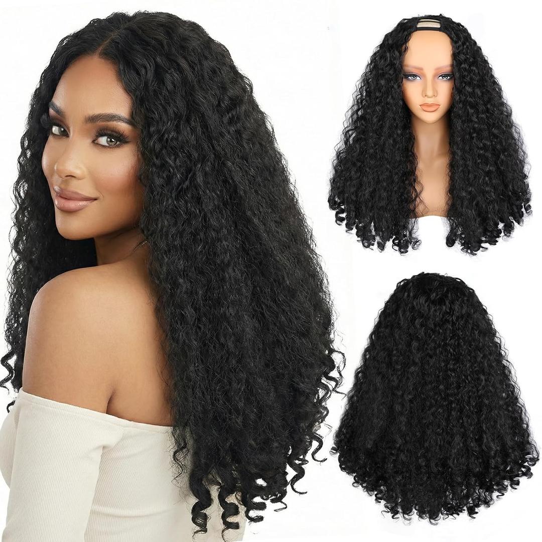 LEEONS 22 Inch Deep Wave U Part Wig for Black Women - Long Synthetic Curly Hair with Unique Bouncy Ends, Glueless U Shape Half Wigs Heat Resistant Fiber, Natural Black (1B#)
