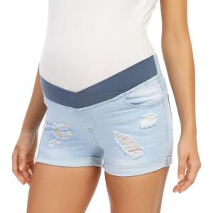 Foucome Women's Maternity Ripped Jean Shorts Roll Hem Denim Shorts Pregnancy Summer Shorts (Medium, 01# Light Blue)