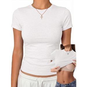 Danysu Nude Built in Bra Cotton Jersey T Shirt No See Through Stretchy Lightweight Fitted Everyday Basic Tops Gym Workout Tee (Large)