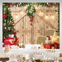 Christmas Barn Door Backdrop 10x12ft | Rustic Wooden Barn with Christmas Trees and Wreath Photography Background | Holiday Farmhouse Party Decor for Photoshoots, Cozy Winter Scene