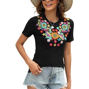 Mexican Shirts for Women Embroidered Tops Traditional Summer Blouse Women's Floral Tunic Round Neck Short Sleeve (Medium, Pattern Sunflower Black)