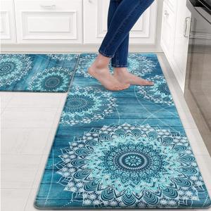 FRAMICS Kitchen Mats for Floor 2 Piece, Waterproof Non Slip, Memory Foam Cushioned, Floral Kitchen Rugs Set, Teal 17.3"30"+17.3"47"