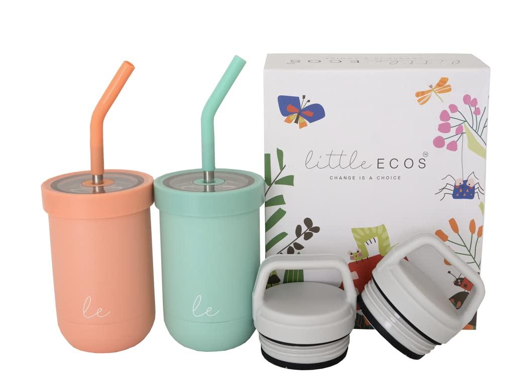 Double walled Insulated Smoothie cups for kids | Toddler Cups with Straws | Set of 2 Straw Sippy Cup | Stainless steel baby cup with Thermos Lid for Hot Storage | Kids Straw Cups (Teal Ocean + Papaya)