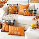 Artscope Fall Decorative Throw Pillow Covers 20x20 Inch Set of 4 Fall Gifts for Home Decor, Buffalo Plaid Autumn Pumpkin Maple Leaves Harvest Decoration Pillow Cases for Home Sofa Couch Decor-Orange A
