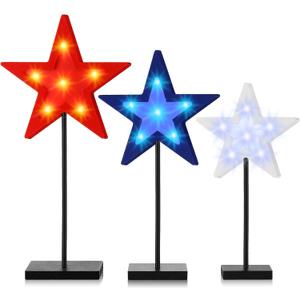 3 Pcs 4th of July Table Decorations Standing Star Block Set Patriotic LED Centerpieces Red White Blue Wooden Star Signs for Home Tabletop Tiered Tray Party Decor(Solid Style)