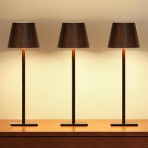 UME 3 Pack Cordless Table Lamp, Battery Operated Lamp - Portable Waterproof Rechargeable Table Lamp w/ 3 Color Temps & Stepless Dimming for Dinner, Desk, Cafe, Outdoor (Woodgrain)